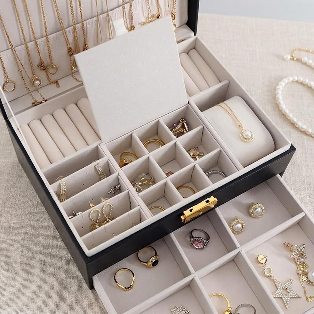 Jewelry Box for Women Girl Wife - Large PU Leather Jewelry Organizer Storage Case with Two Layers Display for Earrings Bracelets Rings Watches (Champagne)