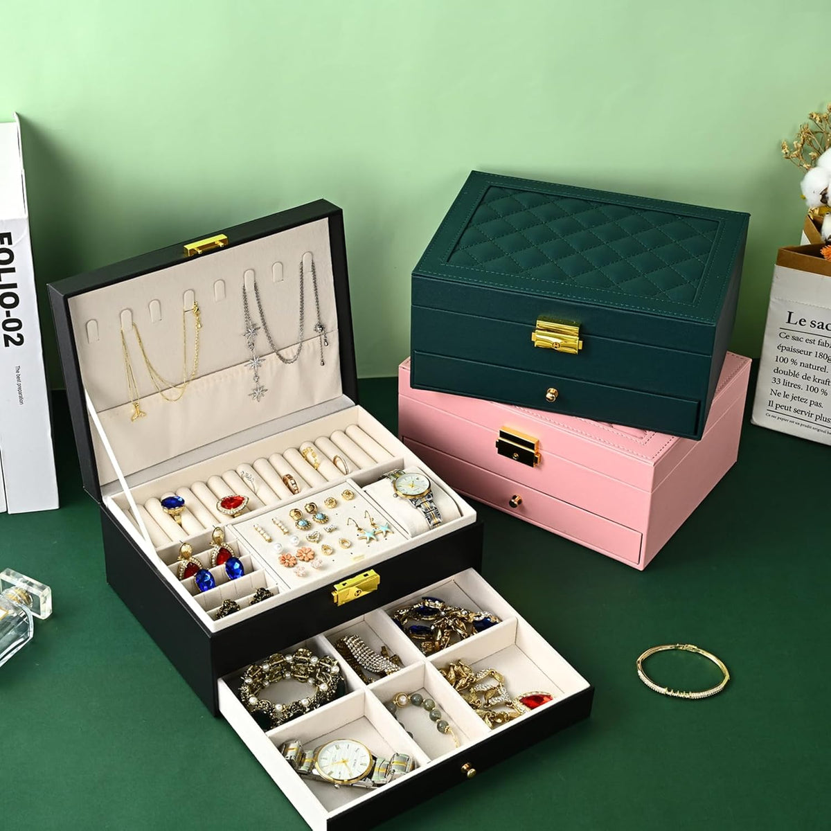 Jewelry Box for Women Girl Wife - Large PU Leather Jewelry Organizer Storage Case with Two Layers Display for Earrings Bracelets Rings Watches (Champagne)