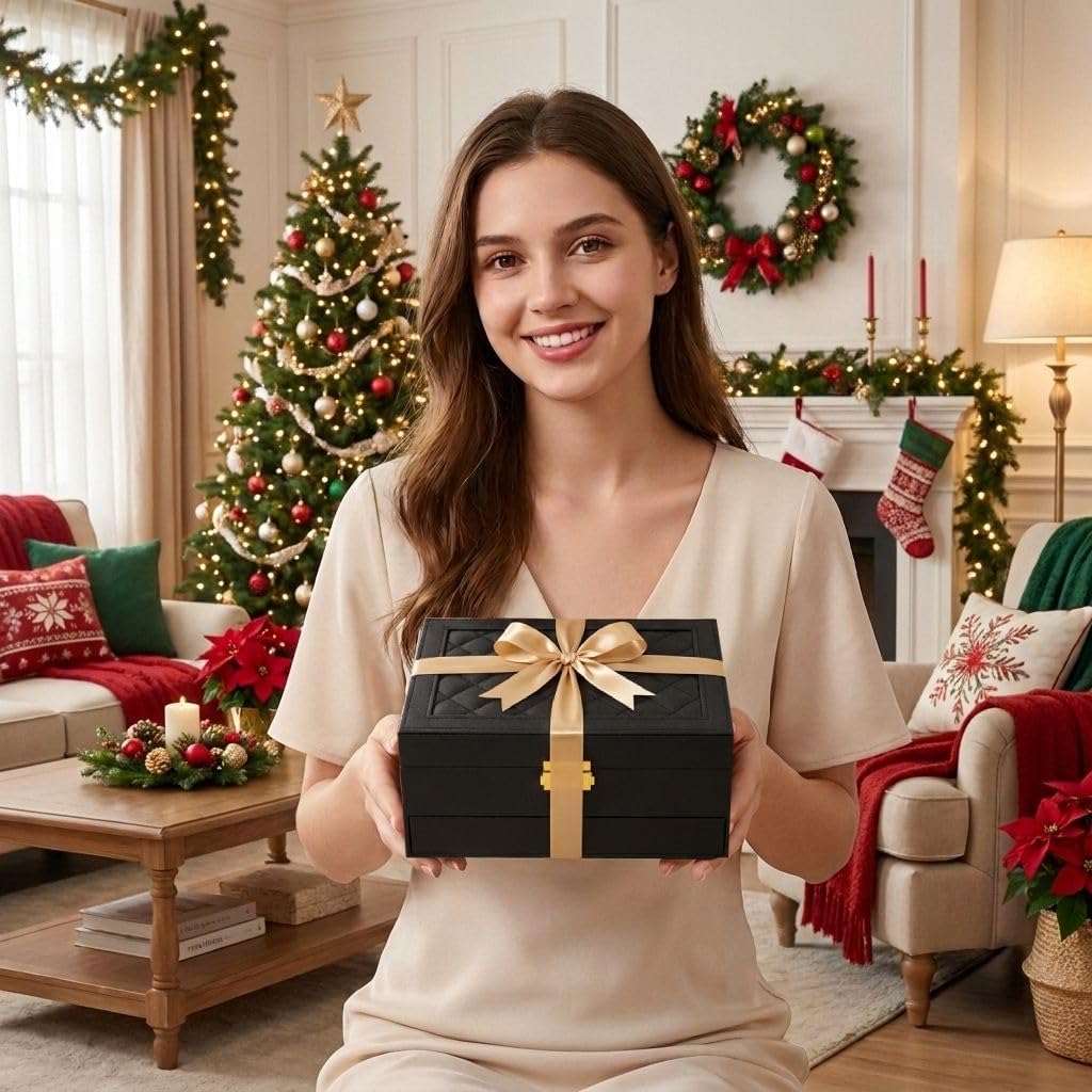 Jewelry Box for Women Girl Wife - Large PU Leather Jewelry Organizer Storage Case with Two Layers Display for Earrings Bracelets Rings Watches (Champagne)