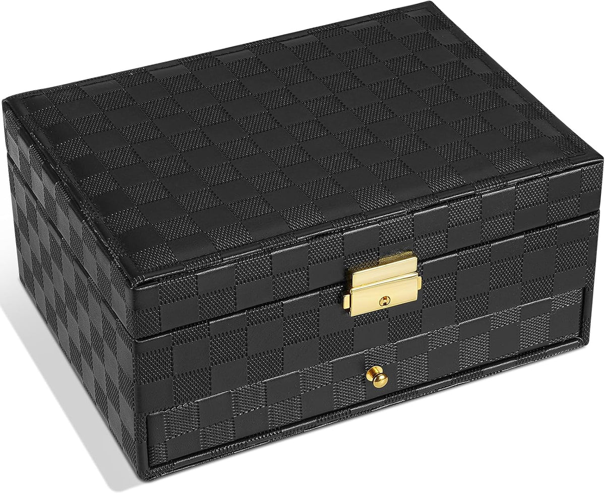 Jewelry Box for Women Girl Wife - Large PU Leather Jewelry Organizer Storage Case with Two Layers Display for Earrings Bracelets Rings Watches (Champagne)