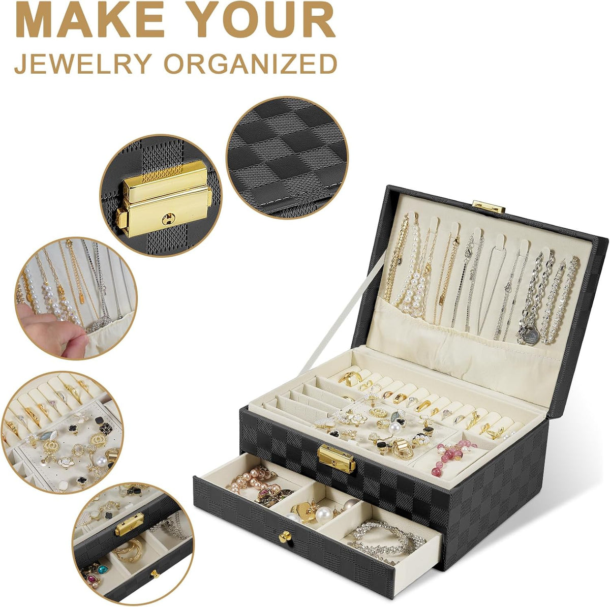 Jewelry Box for Women Girl Wife - Large PU Leather Jewelry Organizer Storage Case with Two Layers Display for Earrings Bracelets Rings Watches (Champagne)