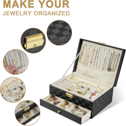 Jewelry Box for Women Girl Wife - Large PU Leather Jewelry Organizer Storage Case with Two Layers Display for Earrings Bracelets Rings Watches (Champagne)