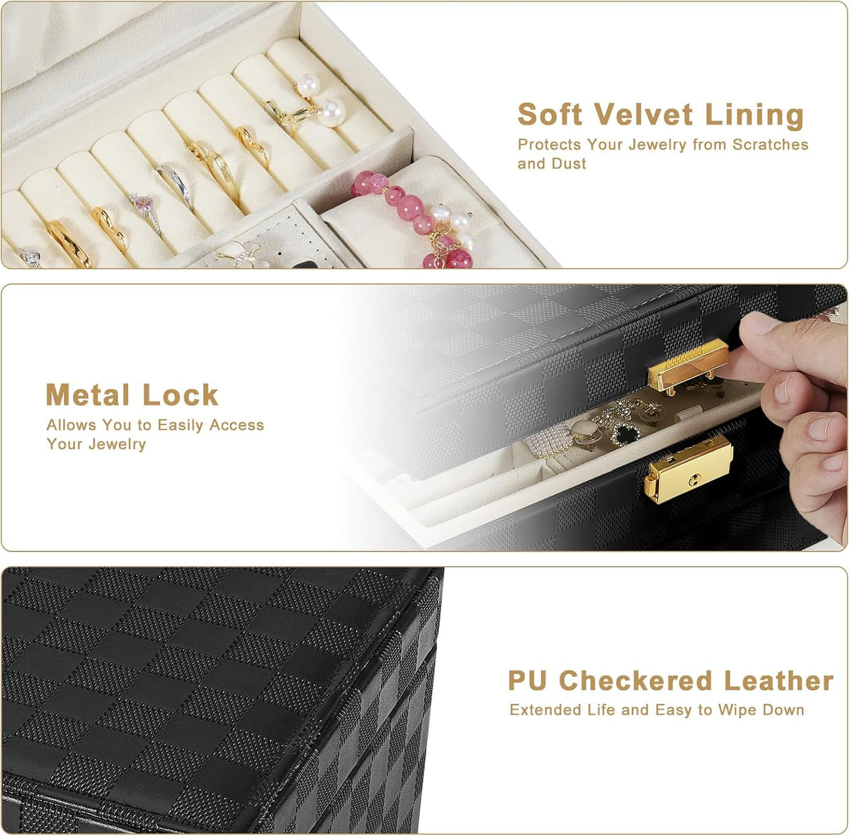 Jewelry Box for Women Girl Wife - Large PU Leather Jewelry Organizer Storage Case with Two Layers Display for Earrings Bracelets Rings Watches (Champagne)