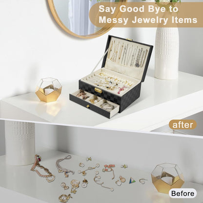 Jewelry Box for Women Girl Wife - Large PU Leather Jewelry Organizer Storage Case with Two Layers Display for Earrings Bracelets Rings Watches (Champagne)
