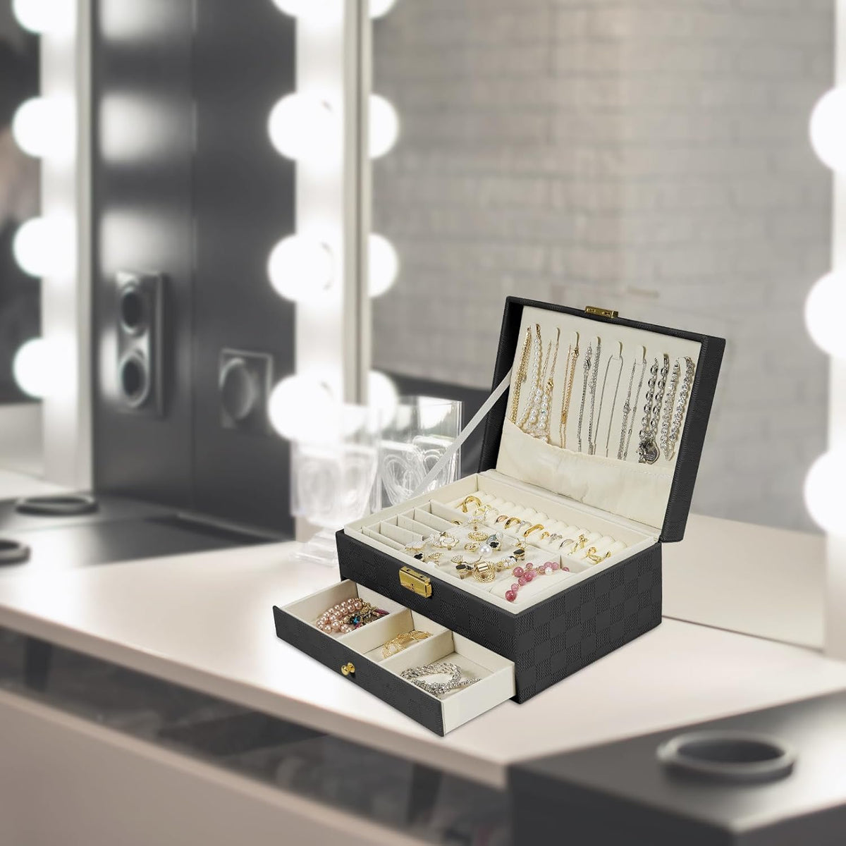 Jewelry Box for Women Girl Wife - Large PU Leather Jewelry Organizer Storage Case with Two Layers Display for Earrings Bracelets Rings Watches (Champagne)