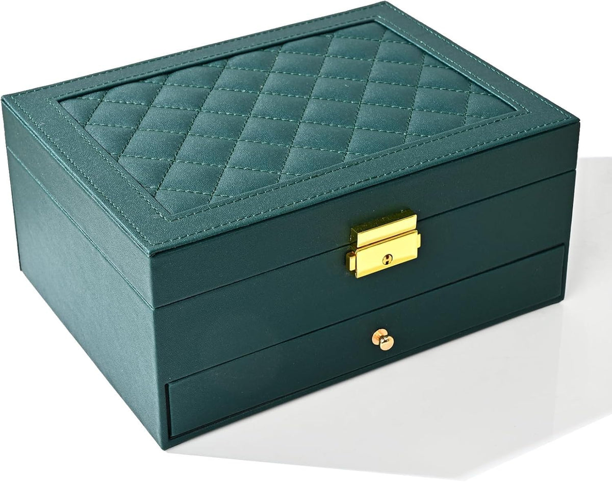 Jewelry Box for Women Girl Wife - Large PU Leather Jewelry Organizer Storage Case with Two Layers Display for Earrings Bracelets Rings Watches (Champagne)