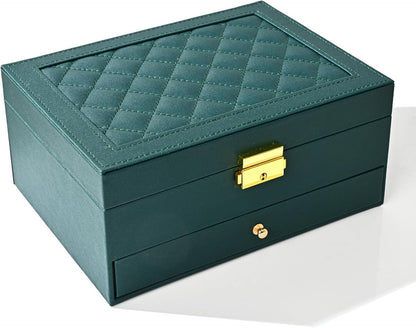Jewelry Box for Women Girl Wife - Large PU Leather Jewelry Organizer Storage Case with Two Layers Display for Earrings Bracelets Rings Watches (Champagne)