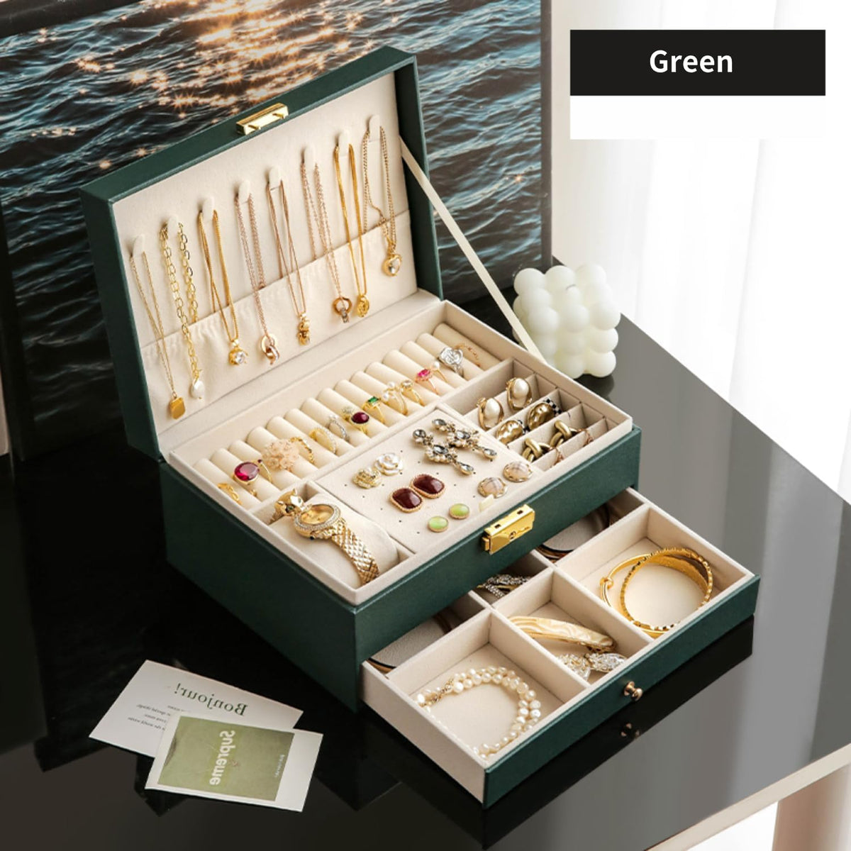 Jewelry Box for Women Girl Wife - Large PU Leather Jewelry Organizer Storage Case with Two Layers Display for Earrings Bracelets Rings Watches (Champagne)