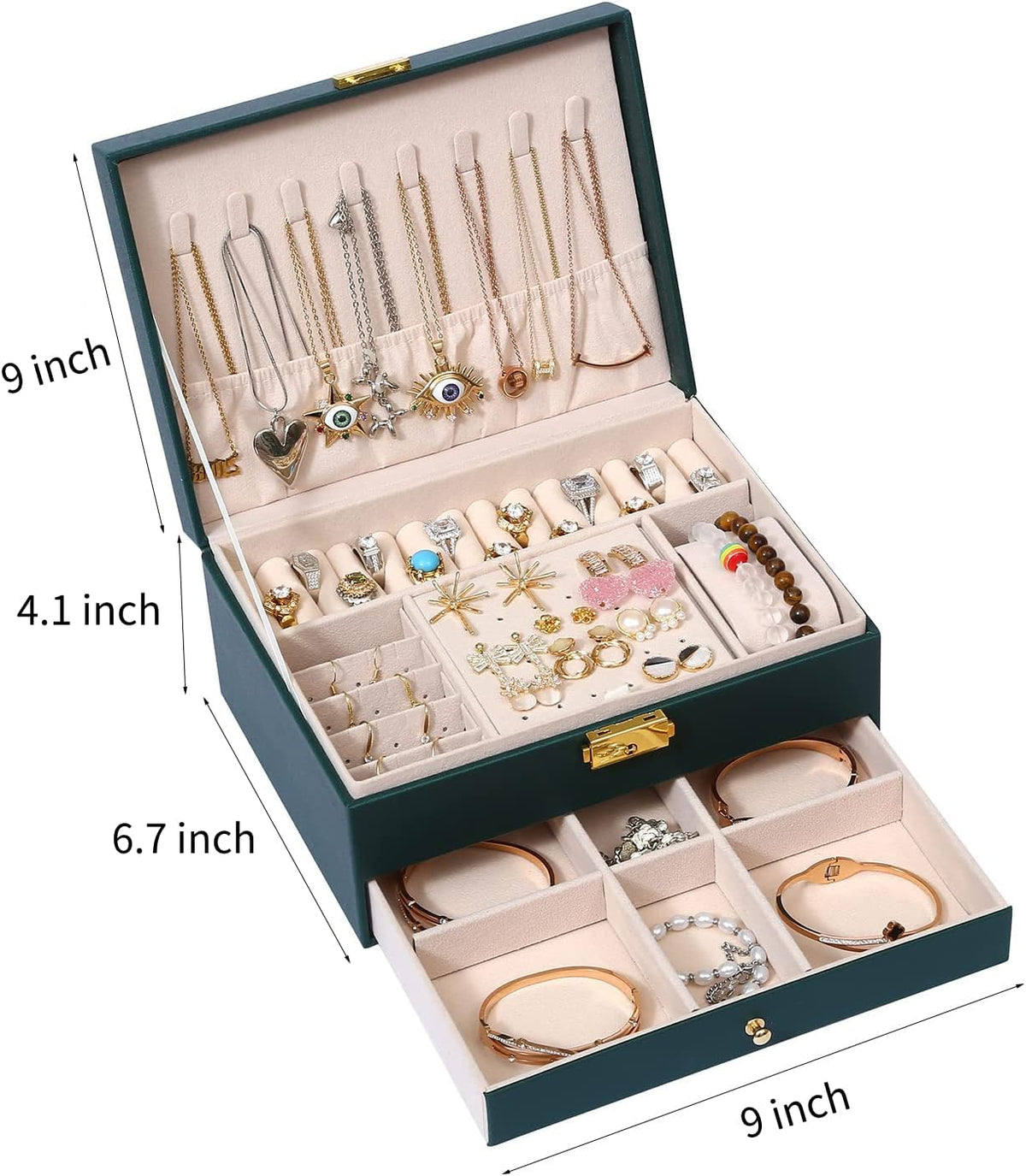 Jewelry Box for Women Girl Wife - Large PU Leather Jewelry Organizer Storage Case with Two Layers Display for Earrings Bracelets Rings Watches (Champagne)