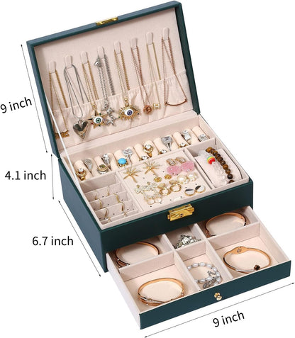 Jewelry Box for Women Girl Wife - Large PU Leather Jewelry Organizer Storage Case with Two Layers Display for Earrings Bracelets Rings Watches (Champagne)