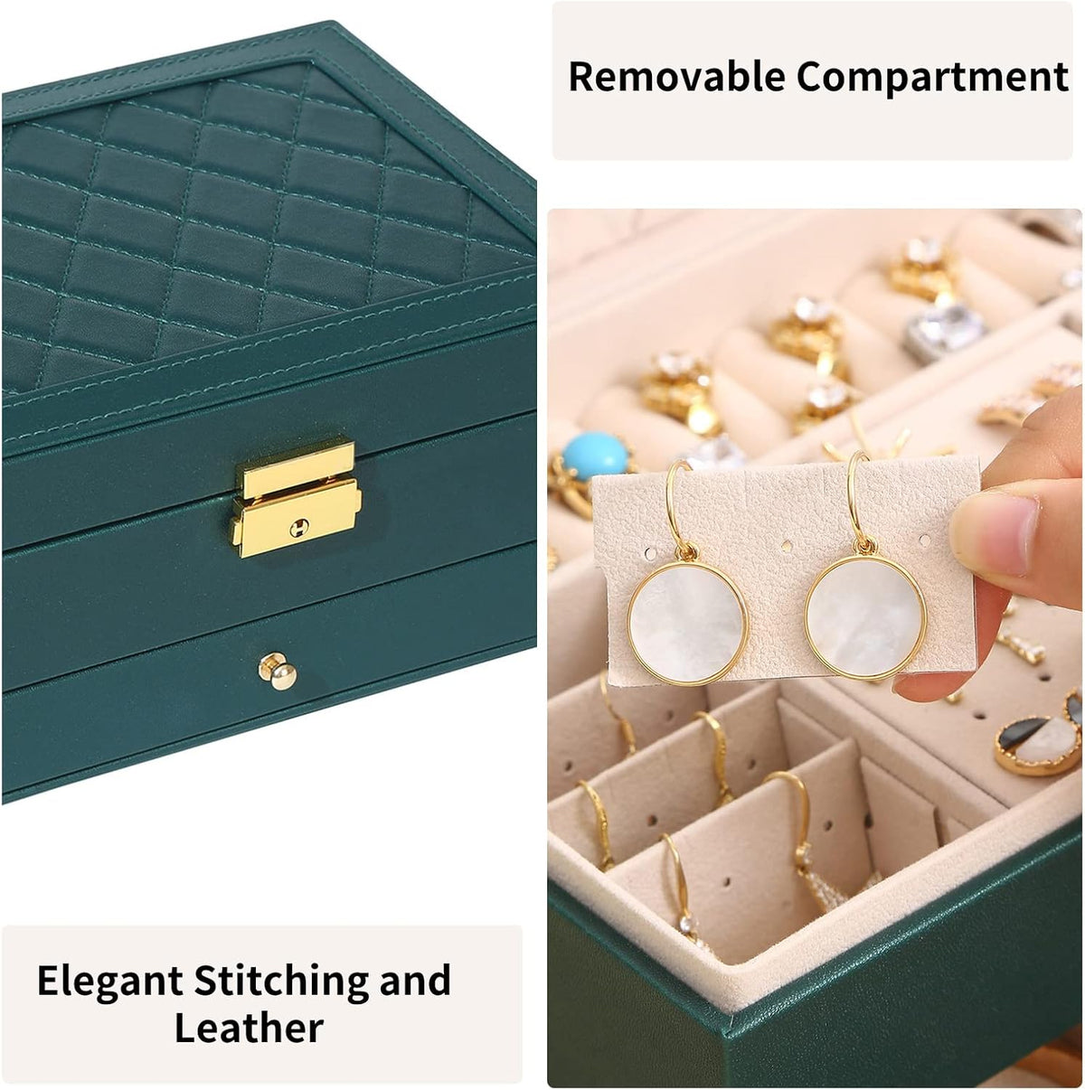 Jewelry Box for Women Girl Wife - Large PU Leather Jewelry Organizer Storage Case with Two Layers Display for Earrings Bracelets Rings Watches (Champagne)