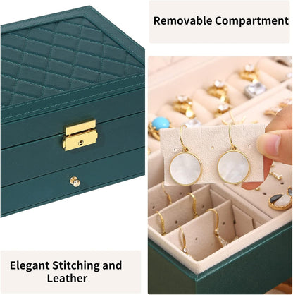 Jewelry Box for Women Girl Wife - Large PU Leather Jewelry Organizer Storage Case with Two Layers Display for Earrings Bracelets Rings Watches (Champagne)