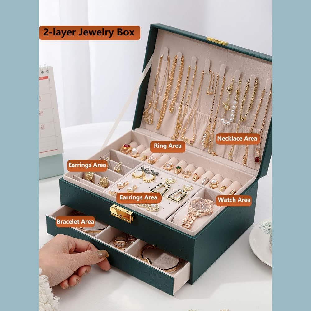 Jewelry Box for Women Girl Wife - Large PU Leather Jewelry Organizer Storage Case with Two Layers Display for Earrings Bracelets Rings Watches (Champagne)