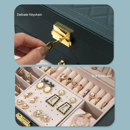 Jewelry Box for Women Girl Wife - Large PU Leather Jewelry Organizer Storage Case with Two Layers Display for Earrings Bracelets Rings Watches (Champagne)