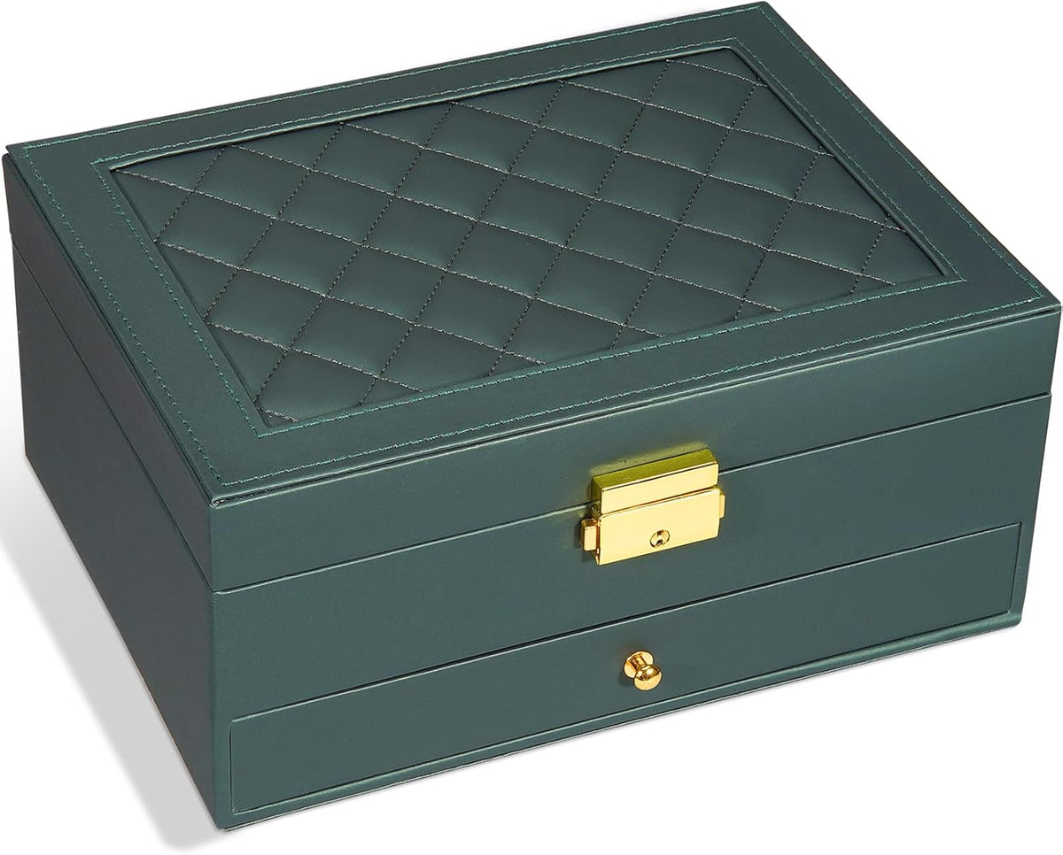 Jewelry Box for Women Girl Wife - Large PU Leather Jewelry Organizer Storage Case with Two Layers Display for Earrings Bracelets Rings Watches (Champagne)