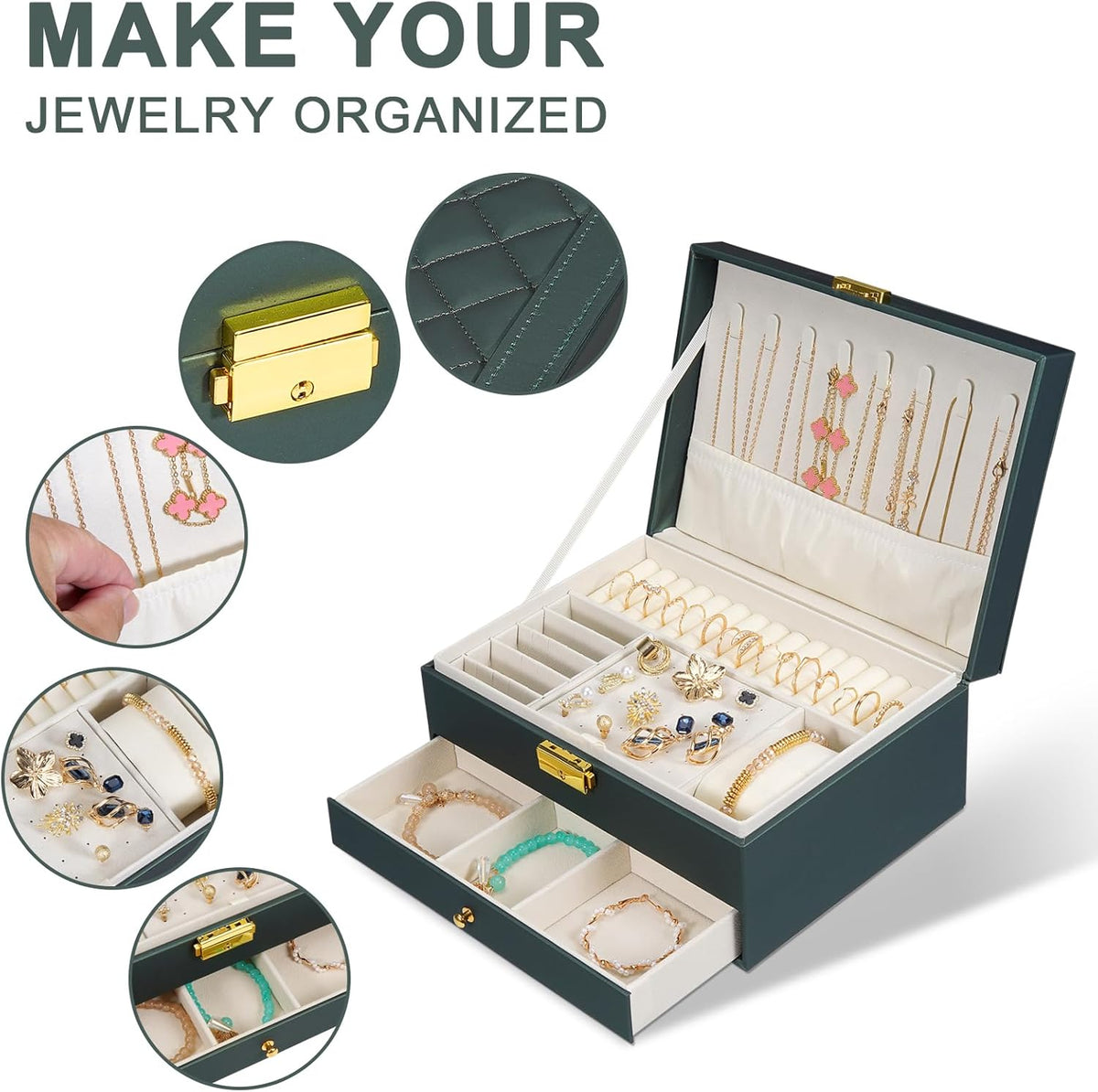Jewelry Box for Women Girl Wife - Large PU Leather Jewelry Organizer Storage Case with Two Layers Display for Earrings Bracelets Rings Watches (Champagne)