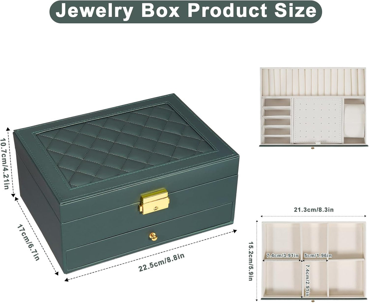 Jewelry Box for Women Girl Wife - Large PU Leather Jewelry Organizer Storage Case with Two Layers Display for Earrings Bracelets Rings Watches (Champagne)