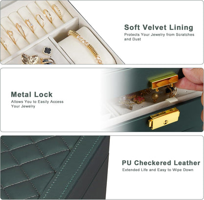 Jewelry Box for Women Girl Wife - Large PU Leather Jewelry Organizer Storage Case with Two Layers Display for Earrings Bracelets Rings Watches (Champagne)