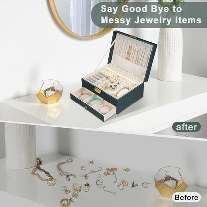 Jewelry Box for Women Girl Wife - Large PU Leather Jewelry Organizer Storage Case with Two Layers Display for Earrings Bracelets Rings Watches (Champagne)