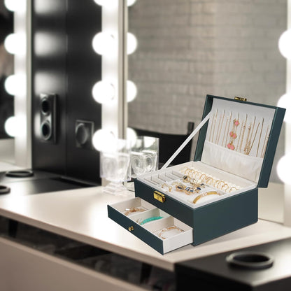Jewelry Box for Women Girl Wife - Large PU Leather Jewelry Organizer Storage Case with Two Layers Display for Earrings Bracelets Rings Watches (Champagne)