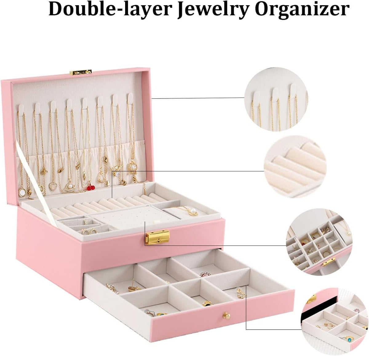 Jewelry Box for Women Girl Wife - Large PU Leather Jewelry Organizer Storage Case with Two Layers Display for Earrings Bracelets Rings Watches (Champagne)