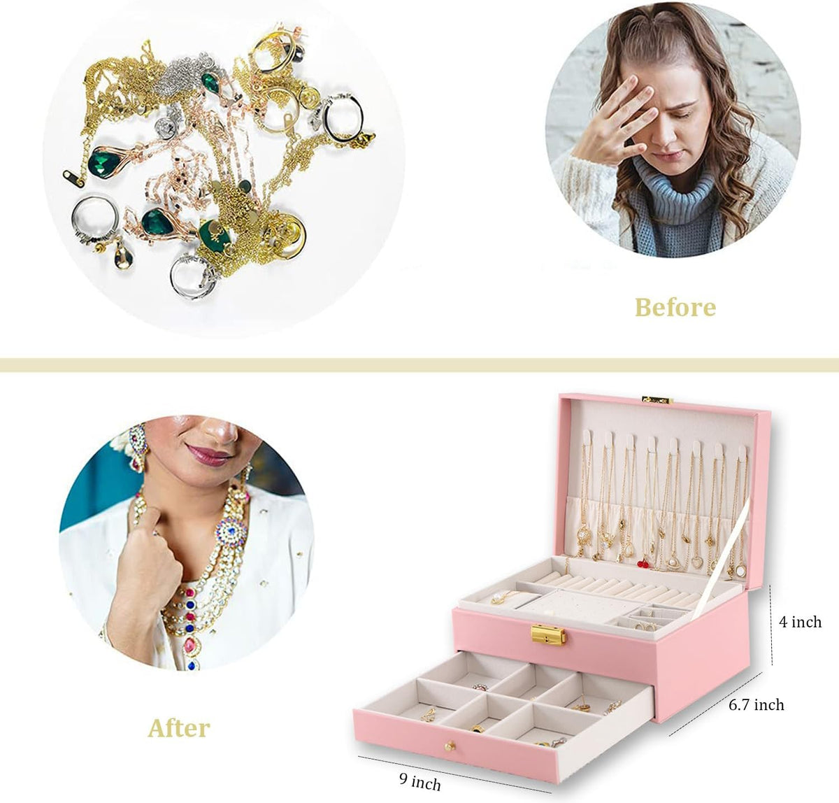 Jewelry Box for Women Girl Wife - Large PU Leather Jewelry Organizer Storage Case with Two Layers Display for Earrings Bracelets Rings Watches (Champagne)