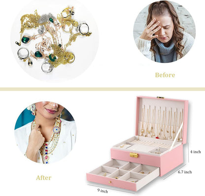 Jewelry Box for Women Girl Wife - Large PU Leather Jewelry Organizer Storage Case with Two Layers Display for Earrings Bracelets Rings Watches (Champagne)