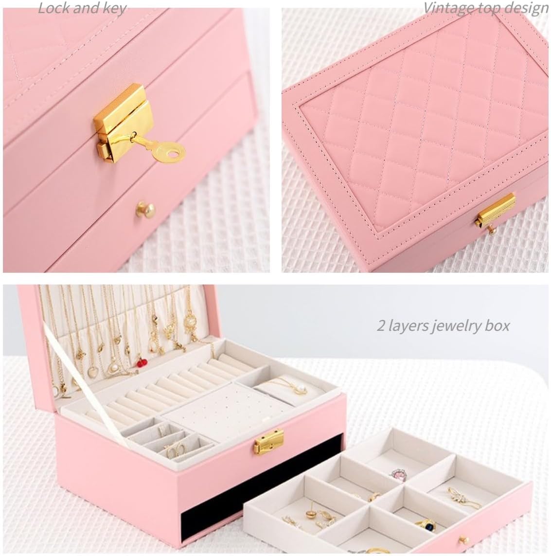 Jewelry Box for Women Girl Wife - Large PU Leather Jewelry Organizer Storage Case with Two Layers Display for Earrings Bracelets Rings Watches (Champagne)