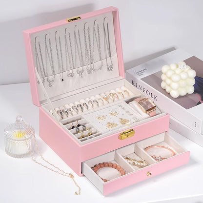 Jewelry Box for Women Girl Wife - Large PU Leather Jewelry Organizer Storage Case with Two Layers Display for Earrings Bracelets Rings Watches (Champagne)