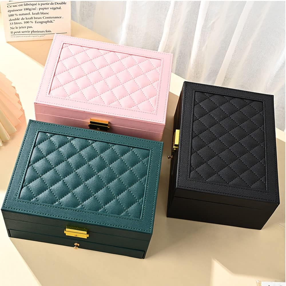 Jewelry Box for Women Girl Wife - Large PU Leather Jewelry Organizer Storage Case with Two Layers Display for Earrings Bracelets Rings Watches (Champagne)