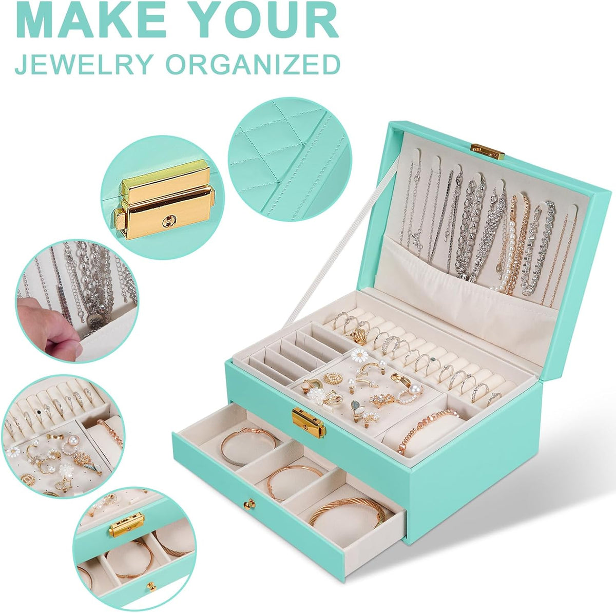 Jewelry Box for Women Girl Wife - Large PU Leather Jewelry Organizer Storage Case with Two Layers Display for Earrings Bracelets Rings Watches (Champagne)