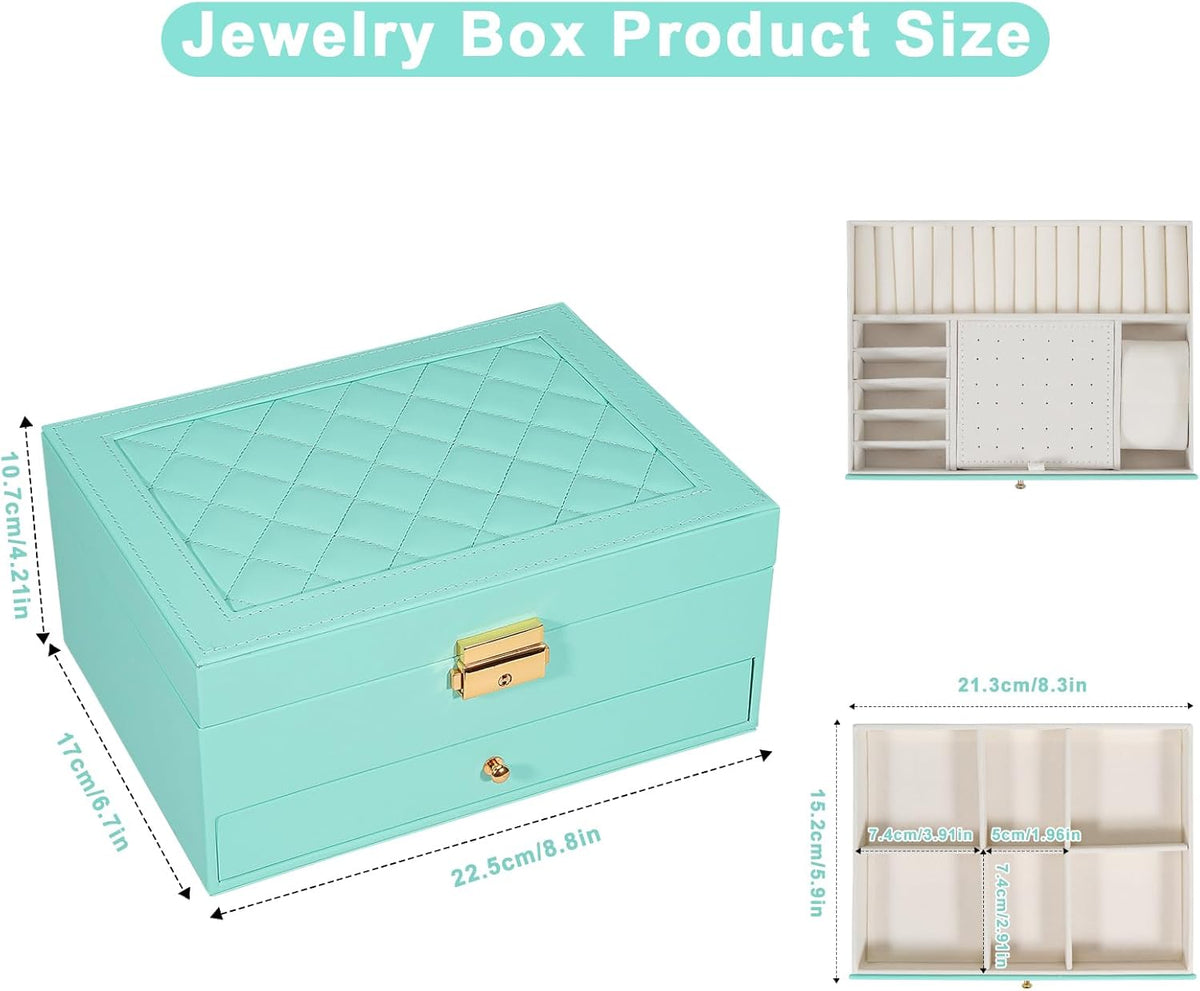 Jewelry Box for Women Girl Wife - Large PU Leather Jewelry Organizer Storage Case with Two Layers Display for Earrings Bracelets Rings Watches (Champagne)