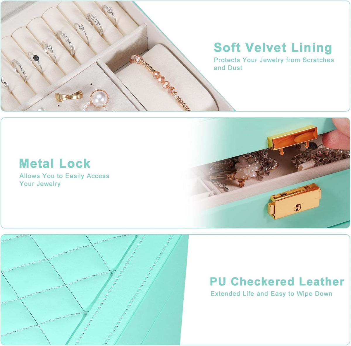 Jewelry Box for Women Girl Wife - Large PU Leather Jewelry Organizer Storage Case with Two Layers Display for Earrings Bracelets Rings Watches (Champagne)