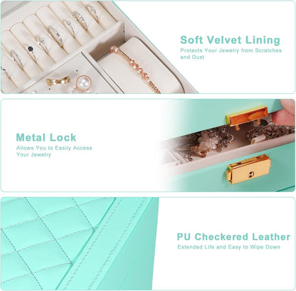 Jewelry Box for Women Girl Wife - Large PU Leather Jewelry Organizer Storage Case with Two Layers Display for Earrings Bracelets Rings Watches (Champagne)