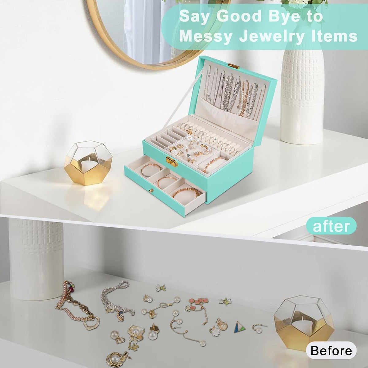 Jewelry Box for Women Girl Wife - Large PU Leather Jewelry Organizer Storage Case with Two Layers Display for Earrings Bracelets Rings Watches (Champagne)