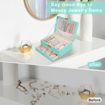 Jewelry Box for Women Girl Wife - Large PU Leather Jewelry Organizer Storage Case with Two Layers Display for Earrings Bracelets Rings Watches (Champagne)