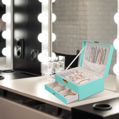 Jewelry Box for Women Girl Wife - Large PU Leather Jewelry Organizer Storage Case with Two Layers Display for Earrings Bracelets Rings Watches (Champagne)