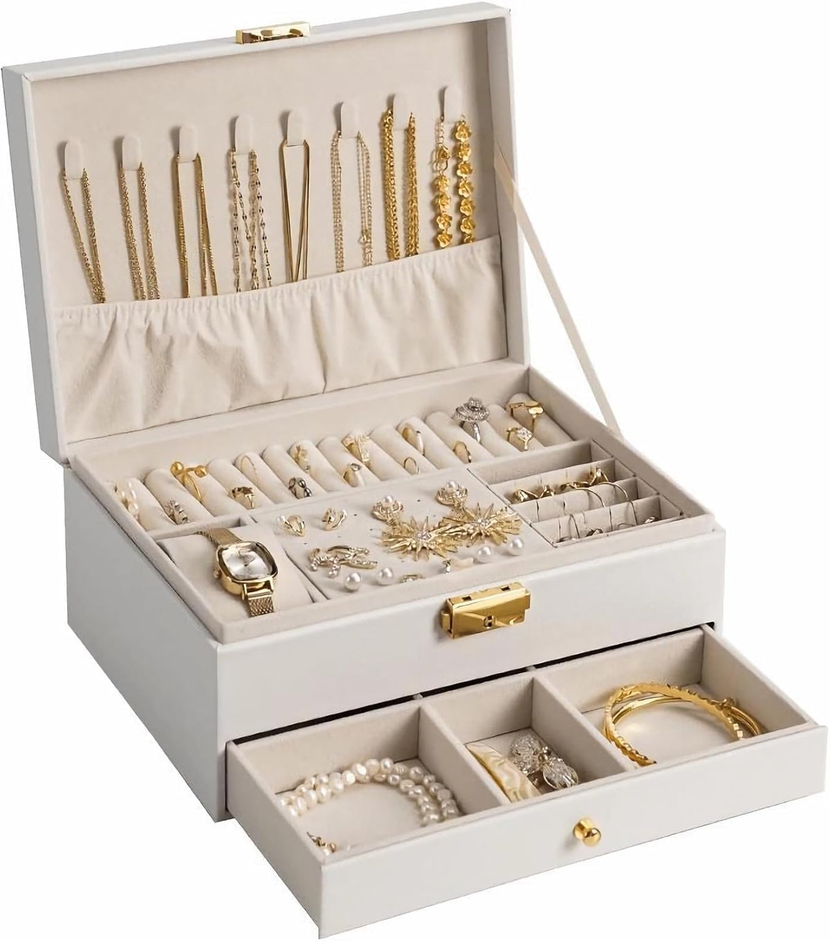 Jewelry Box for Women Girl Wife - Large PU Leather Jewelry Organizer Storage Case with Two Layers Display for Earrings Bracelets Rings Watches (Champagne)