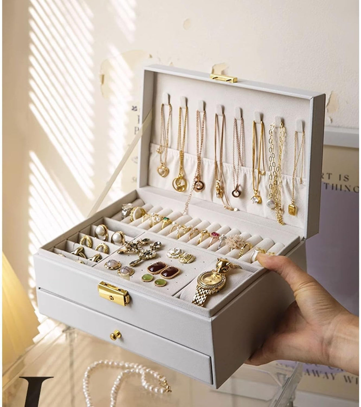 Jewelry Box for Women Girl Wife - Large PU Leather Jewelry Organizer Storage Case with Two Layers Display for Earrings Bracelets Rings Watches (Champagne)