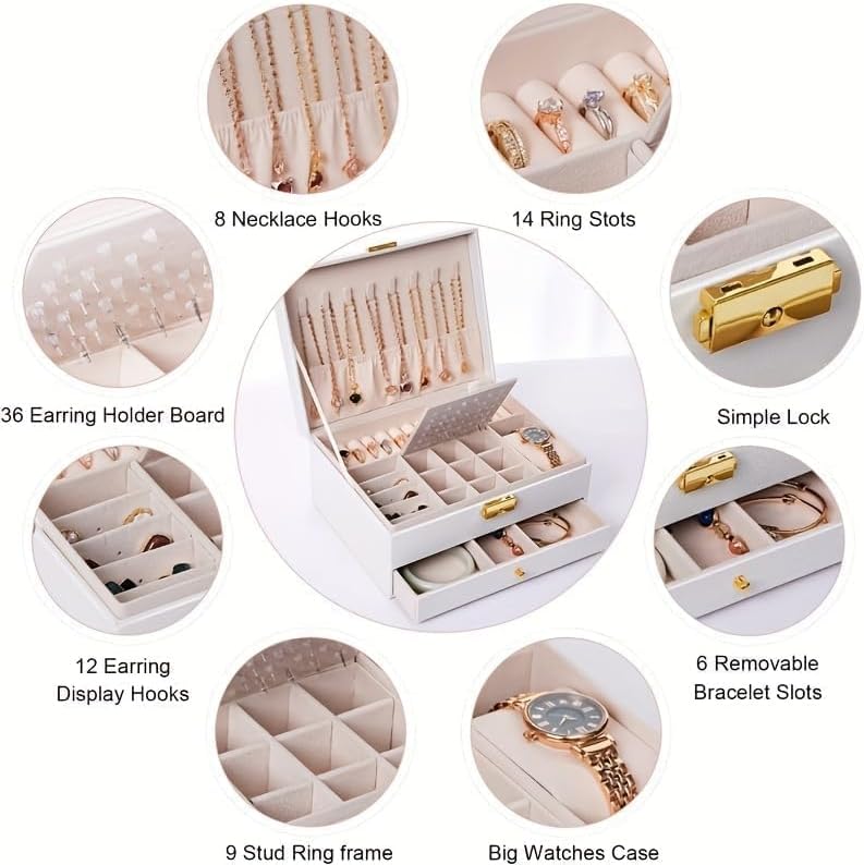 Jewelry Box for Women Girl Wife - Large PU Leather Jewelry Organizer Storage Case with Two Layers Display for Earrings Bracelets Rings Watches (Champagne)