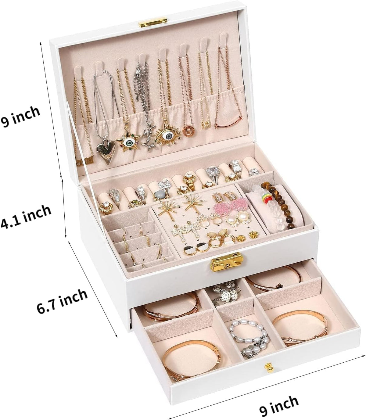 Jewelry Box for Women Girl Wife - Large PU Leather Jewelry Organizer Storage Case with Two Layers Display for Earrings Bracelets Rings Watches (Champagne)