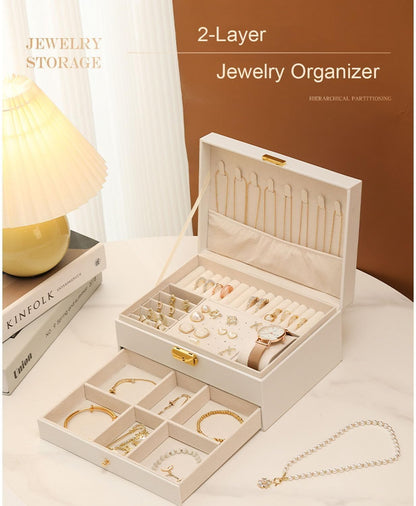 Jewelry Box for Women Girl Wife - Large PU Leather Jewelry Organizer Storage Case with Two Layers Display for Earrings Bracelets Rings Watches (Champagne)