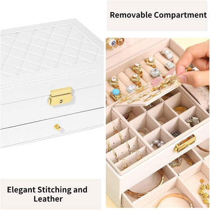 Jewelry Box for Women Girl Wife - Large PU Leather Jewelry Organizer Storage Case with Two Layers Display for Earrings Bracelets Rings Watches (Champagne)