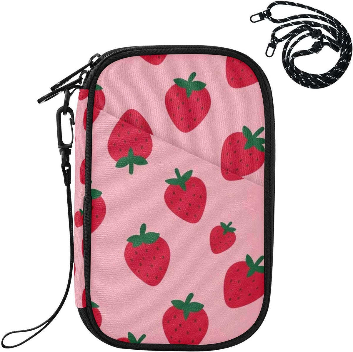 Travel Document Organizer 8.26×5.51×1.18 In | Scratch Resistant Polyester Full Print Multi-Way Carry for Men Women Vacation Mint Strawberries
