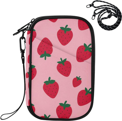 Travel Document Organizer 8.26×5.51×1.18 In | Scratch Resistant Polyester Full Print Multi-Way Carry for Men Women Vacation Mint Strawberries