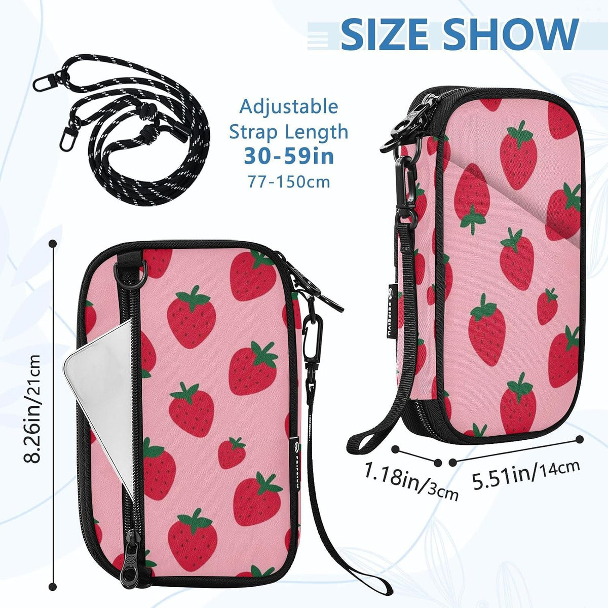 Travel Document Organizer 8.26×5.51×1.18 In | Scratch Resistant Polyester Full Print Multi-Way Carry for Men Women Vacation Mint Strawberries