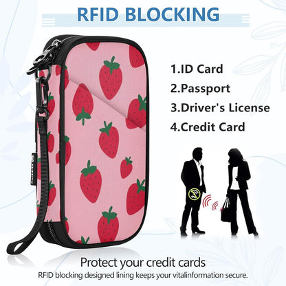 Travel Document Organizer 8.26×5.51×1.18 In | Scratch Resistant Polyester Full Print Multi-Way Carry for Men Women Vacation Mint Strawberries