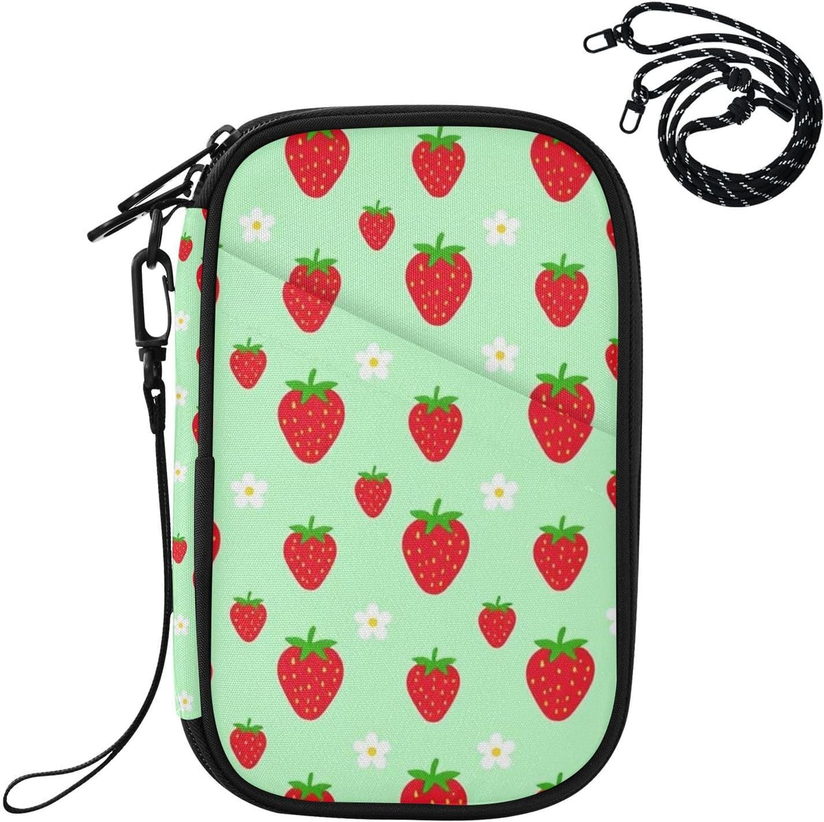 Travel Document Organizer 8.26×5.51×1.18 In | Scratch Resistant Polyester Full Print Multi-Way Carry for Men Women Vacation Mint Strawberries