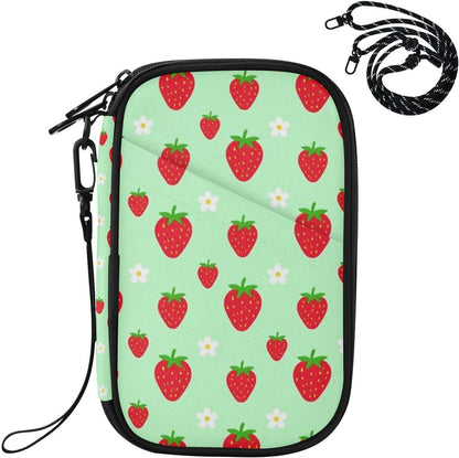 Travel Document Organizer 8.26×5.51×1.18 In | Scratch Resistant Polyester Full Print Multi-Way Carry for Men Women Vacation Mint Strawberries