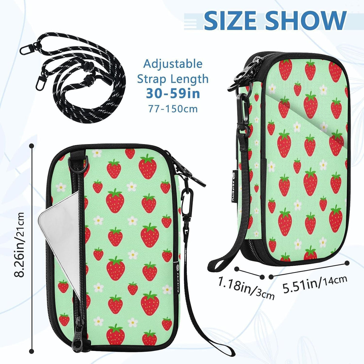 Travel Document Organizer 8.26×5.51×1.18 In | Scratch Resistant Polyester Full Print Multi-Way Carry for Men Women Vacation Mint Strawberries